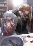  2girls ahoge bathroom black_pajamas breasts brown_hair brushing_teeth cleavage closet collarbone commentary cup door g11_(girls_frontline) girls_frontline hair_brush hair_ornament hair_ribbon hairclip half-closed_eyes head_tilt highres long_hair looking_at_mirror looking_to_the_side mirror miyabino_(miyabi1616) mug multiple_girls pajamas pink_pajamas red_eyes ribbon scar scar_across_eye silver_eyes silver_hair sink sleepy toothbrush toothpaste towel towel_rack ump9_(girls_frontline) 