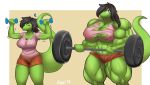  absurd_res anthro barbell big_breasts big_muscles breasts clothing dumbbell female hi_res huge_muscles lizard muscular muscular_female razzberryboat reptile scalie torn_clothing weights 