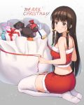  1girl absurdres ass back bag bangs bare_shoulders blunt_bangs blush bow breasts brown_hair christmas crop_top eyebrows_visible_through_hair feet fur_trim garter_straps gift gradient gradient_background highres legs_together long_hair looking_at_viewer looking_to_the_side merry_christmas midriff original qoray7 red_skirt ribbon sack seiza shoulder_blades sidelocks sitting skirt sleeveless smile solo stuffed_animal stuffed_bunny stuffed_toy teddy_bear thighhighs white_legwear zettai_ryouiki 