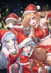  404_(girls_frontline) 4girls bangs bell black_legwear blunt_bangs blush breasts brown_hair choker collarbone crop_top dress eyebrows_visible_through_hair facial_mark fur-trimmed_gloves fur-trimmed_hat fur-trimmed_shorts fur_trim g11_(girls_frontline) girls_frontline gloves glowing glowing_eyes green_eyes groin hair_between_eyes hair_ornament hat highres hk416_(girls_frontline) holding hood hood_down jingle_bell long_hair looking_at_another looking_at_viewer medium_breasts multiple_girls navel one_side_up open_mouth potato_tacos red_dress red_eyes red_shorts santa_costume santa_hat scar scar_across_eye short_shorts shorts silver_hair smile stomach stuffed_animal stuffed_toy teardrop teddy_bear thighhighs twintails ump45_(girls_frontline) ump9_(girls_frontline) 