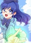  1girl aikatsu! aikatsu!_(series) b.a.b.e.l._uniform beret blazer blue_bow blue_eyes blue_hair bow cosplay glasses hat jacket kiriya_aoi long_hair matsuura_asuka namesake nogami_aoi nogami_aoi_(cosplay) skirt white_skirt zettai_karen_children 