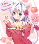  1girl aina_rive animal_ear_fluff animal_ears antenna_hair aran_sweater bangs blue_eyes blush bow breasts brown_eyes cat_ears cat_girl cat_tail cleavage closed_mouth commentary_request eyebrows_visible_through_hair floral_background followers hair_between_eyes hair_bow hair_intakes heart heterochromia large_breasts long_hair long_sleeves mauve off-shoulder_sweater off_shoulder original red_bow red_sweater silver_hair sleeves_past_wrists smile solo star sweater tail tail_bow tail_raised thank_you upper_body yellow_bow 