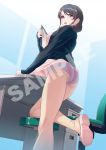  1girl 40hara ass bangs black_jacket brown_hair clipboard crotch_seam dress dress_lift glaring hair_over_shoulder hayakawa_natsumi highres holding holding_clipboard iya_na_kao_sare_nagara_kozukuri_sasete_moraitai jacket long_hair long_sleeves looking_at_viewer looking_back one_knee open_mouth panties panties_under_pantyhose pantyhose pink_dress pink_footwear purple_eyes purple_panties sheer_legwear solo standing underwear 