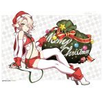  1boy animal_ears bare_shoulders bell bell_collar bulge cape christmas collar detached_collar elbow_gloves fishine gloves hair_over_one_eye hat high_heels highres horns looking_at_viewer male_focus midriff navel open_mouth original otoko_no_ko red_nails sack santa_hat shorts thighhighs white_gloves white_hair white_legwear yellow_eyes 