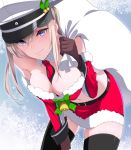  1girl bag bangs belt bent_over black_legwear blonde_hair blue_eyes blush breasts brown_gloves choker christmas cleavage collarbone detached_sleeves eyebrows_visible_through_hair fur_trim gloves graf_zeppelin_(kantai_collection) hair_between_eyes hat highres holding holding_bag kantai_collection kurihara_kenshirou large_breasts long_hair midriff miniskirt navel necktie red_neckwear red_skirt santa_costume sidelocks skirt smile solo stomach strapless thighhighs white_headwear zettai_ryouiki 