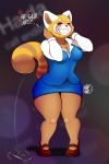  &lt;3 aggressive_retsuko ailurid anthro big_breasts blush breasts cleavage clothed clothing dialogue english_text eyes_closed fur hi_res kingbuffalo mammal phone red_panda retsuko sanrio smile solo teeth text thick_thighs wide_hips 