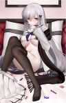  1girl azur_lane bangs bikini black_bikini black_choker black_hair black_legwear black_scarf blush bottomless breasts butterfly_hair_ornament choker dunkerque_(azur_lane) eternity_(pixiv8012826) eyebrows_visible_through_hair front-tie_bikini front-tie_top gradient_hair grey_hair grey_shirt hair_ornament highres large_breasts long_hair looking_at_viewer multicolored_hair pantyhose pantyhose_pull pink_eyes sailor_collar scarf shirt sidelocks sitting skirt skirt_removed solo sweat swimsuit thighs 