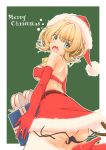  1girl alternate_costume bandeau bikini black_panties blonde_hair blue_eyes box breasts christmas colorado_(kantai_collection) commentary_request elbow_gloves gift gift_box gloves graphite_(medium) hat kantai_collection large_breasts merry_christmas miniskirt panties red_bikini_top red_gloves red_skirt santa_costume santa_hat short_hair side-tie_panties skirt slowpit solo strapless strapless_bikini swimsuit traditional_media underwear wardrobe_malfunction 