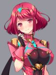  1girl black_gloves blush breasts closed_mouth eyebrows_visible_through_hair f_1chan fingerless_gloves gloves grey_background homura_(xenoblade_2) large_breasts looking_at_viewer red_eyes red_hair short_hair simple_background smile solo upper_body xenoblade_(series) xenoblade_2 