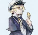  1boy bandages bird bird_on_hand bishounen blonde_hair blue_capelet blue_jacket capelet closed_mouth commentary hand_up hat jacket james_(vocaloid) looking_at_viewer male_focus oliver_(vocaloid) ribbon sailor_hat shirt short_hair smile upper_body vima vocaloid white_shirt yellow_eyes yellow_ribbon 