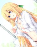  1girl black_panties blonde_hair blue_eyes breasts cleavage cup eyebrows_visible_through_hair holding holding_cup joney large_breasts long_hair looking_to_the_side navel neptune_(series) no_bra open_clothes open_shirt panties shirt smile solo teacup underwear vert very_long_hair white_shirt 