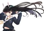  1girl arms_up azur_lane bangs belly_peek black_hair black_serafuku black_shirt black_skirt blunt_bangs blush closed_eyes closed_mouth eyebrows_visible_through_hair hair_ornament hairclip long_hair long_sleeves looking_at_viewer navel neckerchief noshiro_(azur_lane) pleated_skirt purple_eyes sailor_collar school_uniform schreibe_shura serafuku shirt simple_background skirt solo straight_hair upper_body very_long_hair white_legwear white_sailor_collar x_hair_ornament 