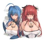  2girls absurdres ahoge azur_lane bangs bare_shoulders black_ribbon blue_hair blush breasts bubble_tea bubble_tea_challenge cleavage closed_mouth collarbone cropped_torso cup disposable_cup dress drinking_straw drinking_straw_in_mouth elbow_gloves eyebrows_visible_through_hair gloves hair_between_eyes hair_ribbon hand_up highres honolulu_(azur_lane) large_breasts long_hair looking_at_viewer multiple_girls object_on_breast parted_lips purple_eyes red_eyes red_hair ribbon skindentation smile st._louis_(azur_lane) twintails white_gloves yusha_(m-gata) 
