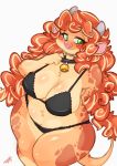  2019 bell big_breasts blush bovid bovine breasts cattle chalo cleavage clothed clothing curvy_figure female fur green_eyes hair horn long_hair mammal orange_body orange_fur orange_hair signature simple_background slightly_chubby solo thick_thighs underwear voluptuous white_background wide_hips 