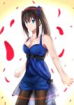  1girl absurdres aozaki_aoko blue_dress blue_eyes blue_scrunchie breasts brown_hair cleavage dress hair_ornament hair_scrunchie highres looking_at_viewer mahou_tsukai_no_yoru medium_breasts pantyhose petals ponytail scrunchie side_ponytail smile solo tsugikineko 