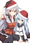  2girls absurdres black_gloves black_legwear black_skirt blue_eyes blush breasts cleavage collarbone eyebrows_visible_through_hair gangut_(kantai_collection) gloves hair_between_eyes hat hibiki_(kantai_collection) highres ichi jacket kantai_collection light_smile long_hair long_sleeves multiple_girls orange_eyes pantyhose pleated_skirt red_shirt sailor_collar sailor_shirt santa_hat shirt short_sleeves silver_hair simple_background skirt thighhighs verniy_(kantai_collection) white_background white_jacket white_shirt 