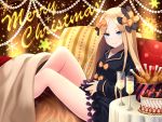  1girl abigail_williams_(fate/grand_order) artist_request bangs black_bow black_dress blonde_hair blue_eyes blush bow breasts bucket_of_chicken cake closed_mouth cup dress drinking_glass fate/grand_order fate_(series) food forehead fried_chicken fruit highres knees_up long_hair long_sleeves looking_at_viewer merry_christmas multiple_bows orange_bow parted_bangs polka_dot polka_dot_bow smile snowflakes strawberry thighs 