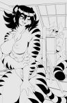  2019 5_fingers black_and_white black_hair blush bovid bovine breasts chalo clothed clothing duo felid female fingers fur hair horn las_lindas male mammal minos monochrome nipples nude one_eye_closed open_mouth pantherine scyde striped_body striped_fur stripes thick_thighs tiger webcomic 