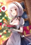  1girl absurdres azur_lane bangs blush breasts choker christmas christmas_tree cleavage collarbone commentary_request dress eyebrows_visible_through_hair gift hair_between_eyes hairband highres lace-trimmed_hairband large_breasts looking_at_viewer puffy_sleeves red_eyes seabread short_hair short_sleeves sidelocks sirius_(azur_lane) solo trembling white_dress white_hair 