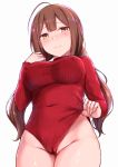  1girl ahoge blush brown_eyes cai_geng closed_mouth covered_navel eyebrows_visible_through_hair idolmaster idolmaster_shiny_colors kuwayama_chiyuki leotard long_hair long_sleeves low_twintails red_leotard simple_background smile solo turtleneck_leotard twintails white_background 