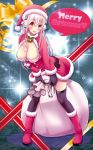  1girl boots breasts capelet christmas cleavage dress fur_trim gloves hat headphones highres large_breasts long_hair looking_at_viewer merry_christmas miniskirt nitroplus panties pantyshot pantyshot_(standing) pink_eyes pink_hair red_capelet red_dress red_gloves red_headwear sack santa_boots santa_costume santa_hat skirt solo standing striped striped_panties super_sonico underwear v-mag 