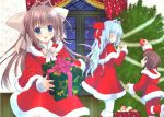  3girls asakura_otome blue_eyes blue_hair blush boots bow bowtie box brown_eyes brown_hair capelet christmas_ornaments christmas_tree closed_eyes commentary curtains da_capo da_capo_ii dress eyebrows_visible_through_hair fur-trimmed_boots fur-trimmed_capelet fur-trimmed_dress fur_trim gift gift_box hair_between_eyes hair_bow hair_intakes highres holding holding_gift indoors kayura_yuka long_sleeves looking_at_viewer multiple_girls open_mouth original pink_bow red_bow red_capelet red_dress red_footwear red_legwear santa_costume wall white_legwear window 