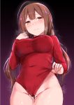  1girl blush brown_eyes cai_geng closed_mouth covered_navel cum cum_in_pussy eyebrows_visible_through_hair idolmaster idolmaster_shiny_colors kuwayama_chiyuki leotard long_hair long_sleeves low_twintails red_leotard smile solo turtleneck_leotard twintails 