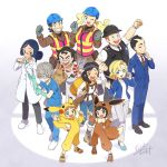  5girls 6+boys artist_(pokemon) backpack bag bangs black_hair black_vest blonde_hair blue_eyes blue_gloves blue_jacket blue_pants blue_shirt blush_stickers bodysuit braid brown_eyes brown_footwear brown_hair brown_jumpsuit business_suit cellphone chonmage clenched_hand cosplay doctor_(pokemon) eevee eevee_(cosplay) flower formal from_above full_body gen_1_pokemon glasses gloves gradient gradient_background green_eyes grey_gloves grey_hair hair_bun hand_up headband helmet holding holding_phone hood jacket labcoat long_sleeves looking_at_viewer multiple_boys multiple_girls necktie office_lady office_worker_(pokemon) official_art one_eye_closed open_mouth overalls pants phone pikachu pikachu_(cosplay) poke_ball_symbol poke_kid_(pokemon) pokemon pokemon_(game) pokemon_swsh police_officer_(pokemon) red_neckwear safety_vest sakuma_sanosuke shirt short_hair short_sleeves signature simple_background smartphone smile suit surgical_mask tail vest waving white_footwear white_pants worker_(pokemon) yellow_flower 