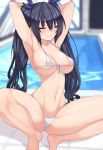  1girl alternate_breast_size arms_up bare_shoulders bikini black_hair blush breasts closed_eyes dura embarrassed hair_ribbon highres large_breasts long_hair looking_at_viewer navel neptune_(series) noire pool rei_no_pool ribbon solo squatting swimsuit twintails white_bikini 