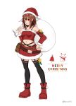  1girl alternate_costume black_legwear boots brown_hair christmas detached_sleeves full_body hairband hand_on_hip hat highres kantai_collection merry_christmas miniskirt orange_eyes porco1127 red_hairband red_headwear red_skirt red_tank_top sack santa_boots santa_costume santa_hat shiratsuyu_(kantai_collection) short_hair skirt solo tank_top thighhighs white_background 