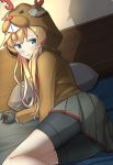  1girl abukuma_(kantai_collection) animal_hood antlers bangs bed bike_shorts black_gloves blonde_hair blue_eyes blush christmas closed_mouth eyebrows_visible_through_hair gloves grey_skirt highres hood hood_up indoors kantai_collection long_hair long_sleeves lying negahami on_side pillow pleated_skirt shorts shorts_under_skirt skirt solo wavy_mouth 