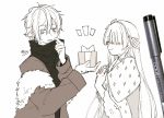  1boy 1girl anastasia_(fate/grand_order) bangs blush box cloak closed_eyes closed_mouth eyebrows_visible_through_hair fate/grand_order fate_(series) fur-trimmed_jacket fur_trim gift gift_box hair_between_eyes hair_ribbon hairband hands_up highres holding holding_gift jacket kadoc_zemlupus long_sleeves looking_away looking_to_the_side monochrome notice_lines open_clothes open_jacket parted_lips photo ribbon royal_robe shirt signature sofra traditional_media upper_body white_background 