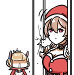  &gt;:( 2girls azur_lane belt breasts broken_door brown_hair choker cleavage commentary_request faceless faceless_female hair_ornament hat jean_bart_(azur_lane) kagami_(kagamina) large_breasts le_triomphant_(azur_lane) multiple_girls open_mouth red_eyes santa_costume santa_hat shaded_face upper_body 