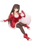  1girl absurdres alternate_costume ankle_boots aozaki_aoko bare_shoulders blue_eyes boots breasts brown_hair capelet cleavage cqqz0707 highres large_breasts long_hair looking_at_viewer mahou_tsukai_no_yoru pantyhose red_capelet sack santa_costume sleeves_past_wrists smile solo white_background 
