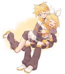  1boy 1girl bangs black_shorts blonde_hair blue_eyes bow closed_eyes fang full_body grin hair_bow hair_ornament hairclip happy highres holding_another hood hoodie hug kagamine_len kagamine_rin leg_warmers looking_at_another lying_on_person m0ti one_eye_closed shoes short_hair short_ponytail short_shorts shorts smile spiked_hair swept_bangs vocaloid white_bow white_footwear 