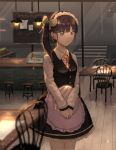  1girl alternate_costume apron black_dress black_hair butterfly_hair_ornament cafe chair collared_shirt commentary_request copyright_name counter cowboy_shot dress enmaided frilled_dress frills hair_ornament hands_together highres holding holding_tray indoors kimetsu_no_yaiba long_hair maid parted_lips purple_eyes shirt side_ponytail solo stool table tray tsuyuri_kanao waist_apron white_apron white_shirt wmax4235 