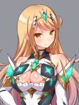 1girl bare_shoulders blonde_hair blush breasts cleavage cleavage_cutout closed_mouth f_1chan grey_background hikari_(xenoblade_2) large_breasts long_hair looking_at_viewer simple_background smile solo upper_body xenoblade_(series) xenoblade_2 yellow_eyes 