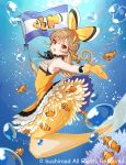  1girl :o armpits bangs brown_eyes brown_hair bubble cardfight!!_vanguard clownfish commentary_request copyright dress eyebrows_visible_through_hair flag frilled_dress frills full_body gloves hairband holding holding_flag long_hair looking_at_viewer mermaid miyoshino monster_girl neck_ribbon official_art outstretched_arm ribbon sleeveless sleeveless_dress solo sunlight underwater yellow_dress yellow_gloves 