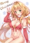  1girl :d absurdres azur_lane bell blonde_hair blush bottomless bow bowtie breasts christmas cleavage commentary_request elbow_gloves eyebrows_visible_through_hair fang fingerless_gloves gloves green_eyes hair_ribbon highres large_breasts le_temeraire_(azur_lane) long_hair low_twintails merry_christmas navel open_mouth red_neckwear red_ribbon ribbon sitting smile snowflakes solo twintails v very_long_hair yemanson 