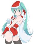  1girl aqua_eyes aqua_hair ass black_legwear breasts commentary cowboy_shot fingerless_gloves from_behind gloves hat hatsune_miku highres long_hair looking_at_viewer nail_polish number_tattoo red_gloves sack santa_costume santa_hat shoulder_tattoo simple_background small_breasts solo tattoo thighhighs tshangen131 twintails very_long_hair vocaloid white_background 