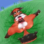  023 animal_genitalia animal_penis anus balls black_markings canine_penis censored countershading dipstick_tail ears_down feral fur grass half-closed_eyes hi_res knot leg_markings looking_at_viewer lying male markings multi_nipple multicolored_tail narrowed_eyes nickit nintendo nipples on_back on_grass outside penis pivoted_ears pok&eacute;mon pok&eacute;mon_(species) presenting presenting_penis red_body red_fur sky socks_(marking) solo spread_legs spreading tree video_games white_countershading yellow_eyes 