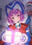  1girl bangs beanie blue_coat blue_dress blush bow commentary_request dress fate/grand_order fate_(series) fur-trimmed_dress fur_trim gloves hat helena_blavatsky_(christmas)_(fate) helena_blavatsky_(fate/grand_order) holding long_sleeves looking_at_viewer open_mouth purple_eyes purple_hair red_bow short_hair smile solo suzuho_hotaru 
