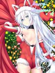  1girl ass black_heart blue_eyes breasts christmas detached_sleeves eyebrows_visible_through_hair from_behind gloves grey_hair hair_between_eyes happy joney leotard long_hair looking_at_viewer medium_breasts merry_christmas neptune_(series) power_symbol red_gloves red_leotard smile symbol-shaped_pupils very_long_hair 