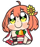  1girl ahoge alternate_costume arm_ribbon bangs bell bkub blush bob_cut boots bow bowtie cape chibi commentary dot_nose eyebrows_visible_through_hair flower fur-trimmed_boots fur-trimmed_cape fur_trim green_eyes green_neckwear hair_flower hair_ornament honma_himawari looking_away looking_to_the_side medium_hair midriff nijisanji nontraditional_santa orange_hair red_cape red_footwear red_skirt ribbon santa_costume sitting skirt smile solo sunflower_hair_ornament wariza white_background 