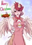  1girl :d animal animal_on_head apron bangs benizuwai bird blonde_hair blush breasts brown_skirt chef_hat chick chicken_(food) chicken_leg cleavage commentary_request cowboy_shot eyebrows_visible_through_hair feathered_wings food hair_between_eyes hand_up hat holding holding_plate looking_at_viewer merry_christmas multicolored_hair niwatari_kutaka on_head open_mouth pink_apron plate puffy_short_sleeves puffy_sleeves red_eyes red_hair shirt short_hair short_sleeves skirt smile solo standing tail_feathers touhou two-tone_hair white_shirt wings 