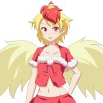  1girl alternate_costume animal animal_on_head arms_behind_back bird bird_on_head bird_wings blonde_hair cato_(monocatienus) chick christmas collarbone commentary contrapposto crop_top eyebrows_visible_through_hair fur-trimmed_shirt fur-trimmed_sleeves fur_trim looking_at_viewer lowleg_skirt midriff multicolored_hair navel niwatari_kutaka on_head open_mouth red_eyes red_hair red_skirt short_hair short_sleeves simple_background skirt solo standing touhou two-tone_hair upper_body white_background wings 