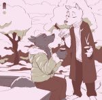  2019 anthro barefoot beverage bottomwear canid canine canis clothed clothing coat color_swatch digital_media_(artwork) disney duo eyes_closed fully_clothed fur gary_(zootopia) happy holding_object ittybittykittytittys larry_(zootopia) mammal outside restricted_palette scarf sitting smile snow standing topwear tree wolf zootopia 