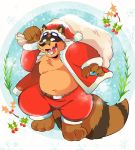  2019 absurd_res anthro belly bottomwear brown_body brown_fur canid canine christmas clothing fur ginnosuke hat headgear headwear hi_res holidays humanoid_hands male mammal moobs overweight overweight_male pants raccoon_dog santa_claus santa_hat solo tanuki 