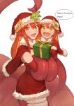  2girls absurdres blush christmas commission happy hat highres lamia looking_at_viewer miia_(monster_musume) mika_(miiafag) monster_girl monster_musume_no_iru_nichijou mother_and_daughter multiple_girls original pov red_hair red_headwear santa_costume santa_hat sookmo speech_bubble tail yellow_eyes 