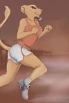  2019 animalympics anthro bottomwear breasts clothed clothing exercise felid female fully_clothed green_sclera jewelry kit_mambo lion mammal nduli necklace pantherine pink_nose running shirt shorts sneakers solo tank_top topwear 